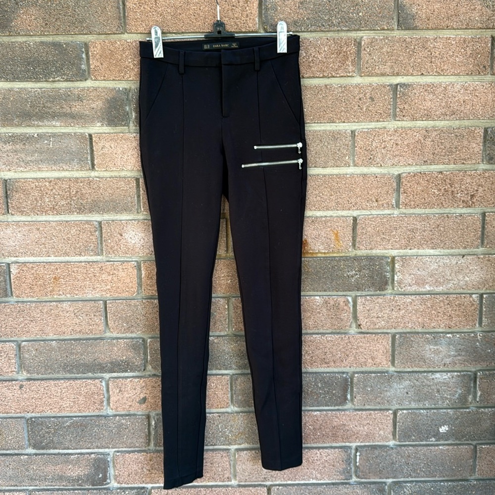 Zara Basic Black Leggings with Double Zipper Detail Size XS